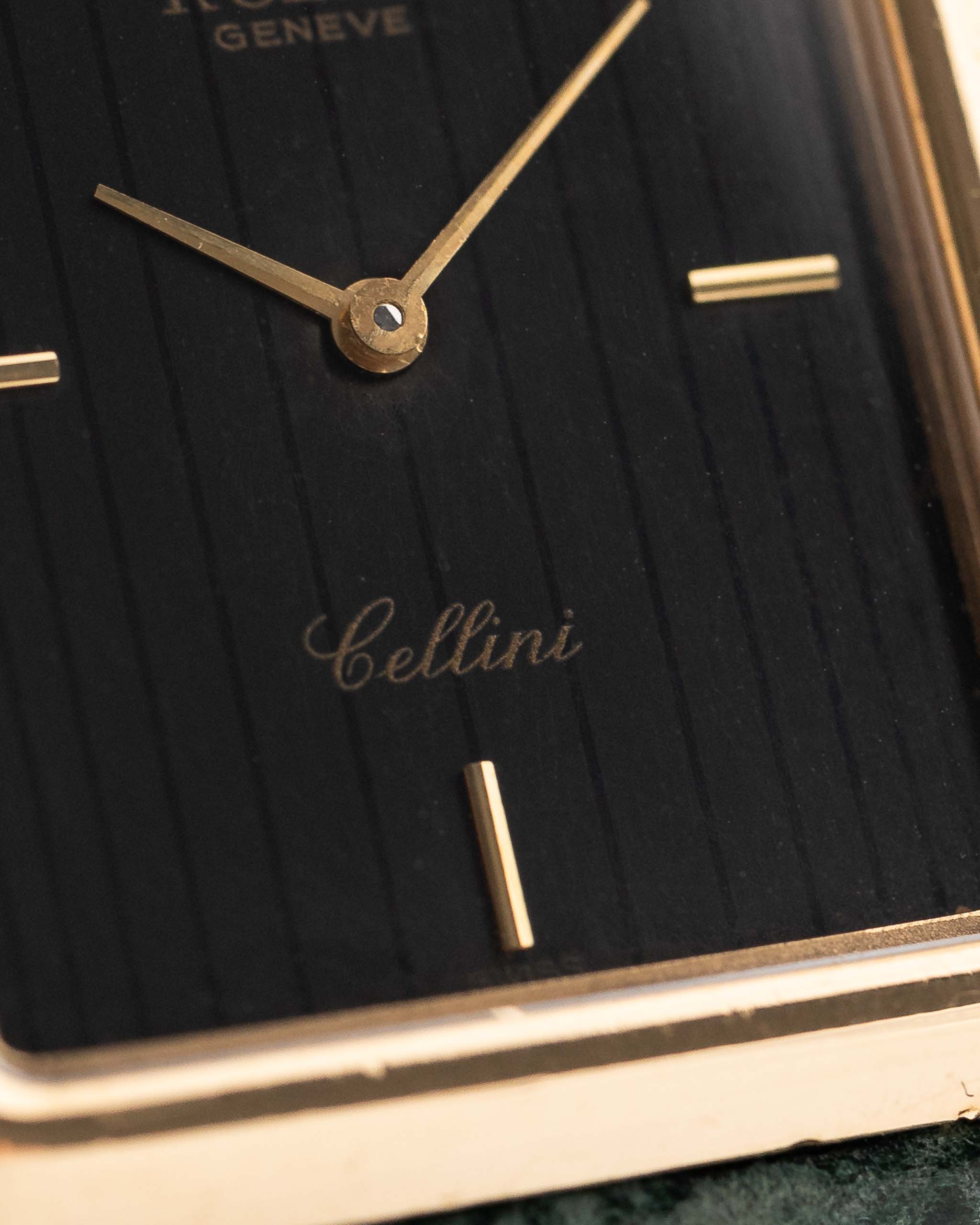 Closeup Photo of a Rolex Cellini 4105 Rectangular Black from 1976. 25.5mm  18k yellow gold case with Manual wind movement, Original black tapestry dial and Leather strap.