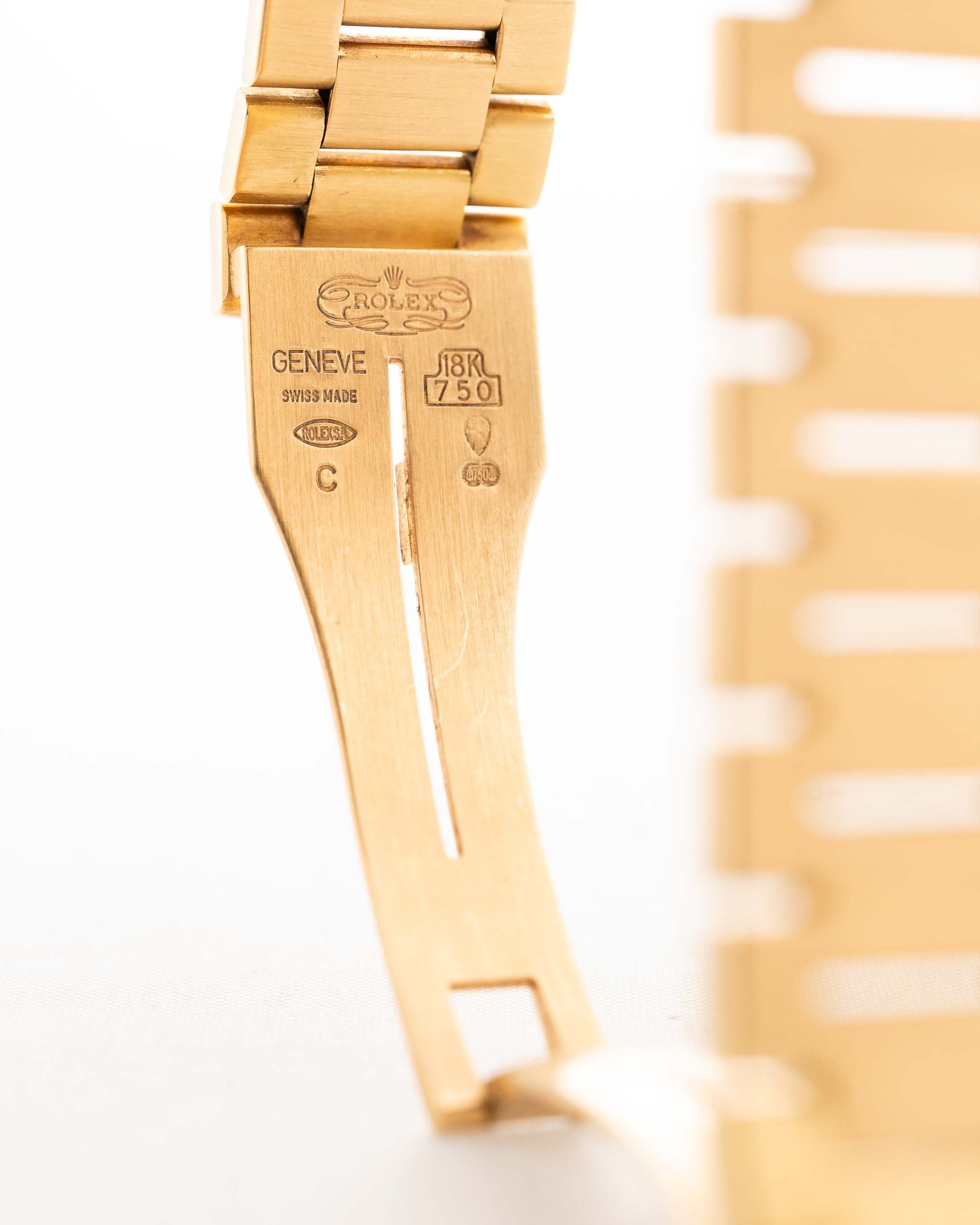 Vintage Rolex Cellini 4350 Octagon Wood 1981 18k Rolex President Bracelet clasp with stamps