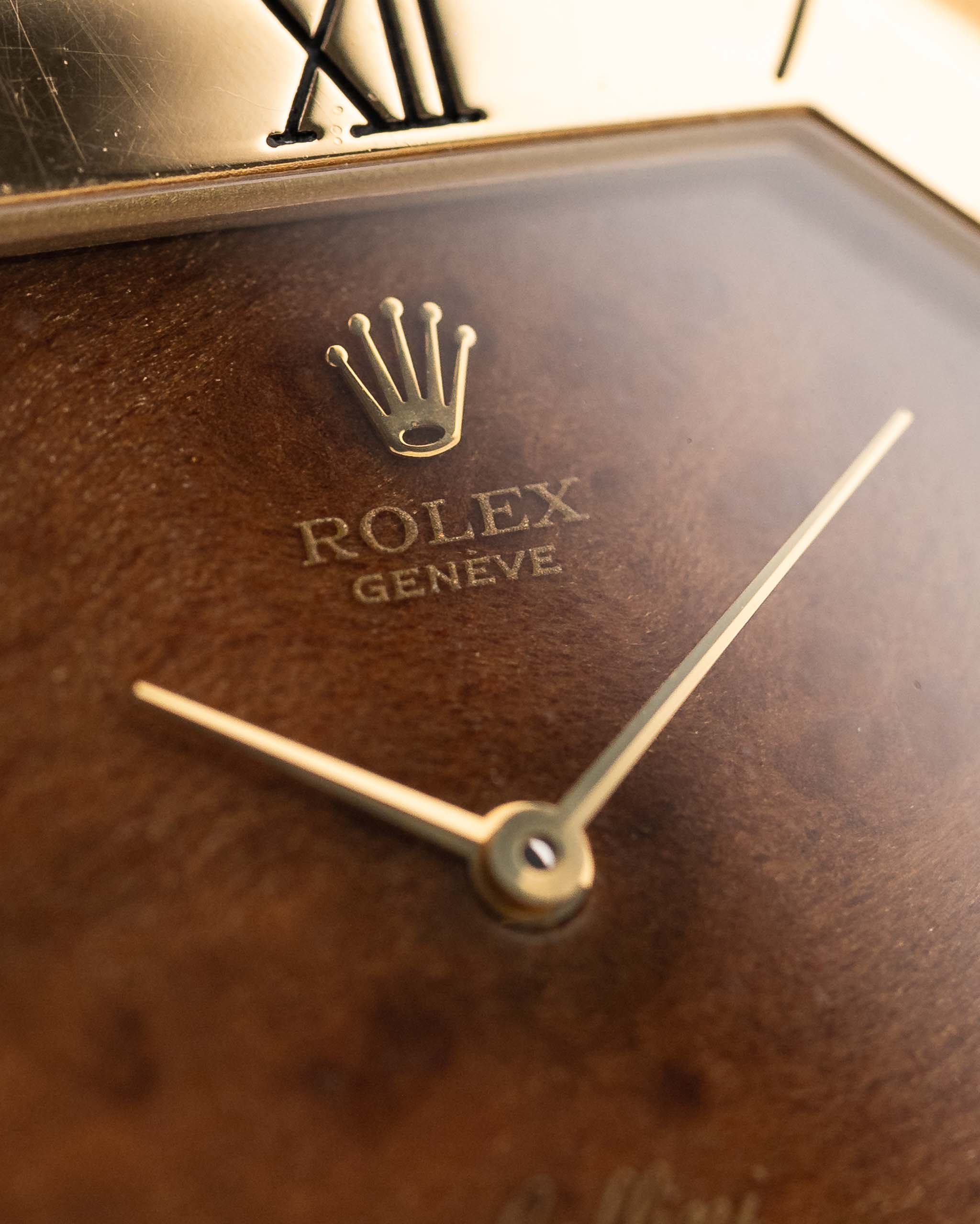 Vintage Rolex Cellini 4350 Octagon Wood 1981 18k yellow gold wooden walnut dial Hands and Rolex crown
