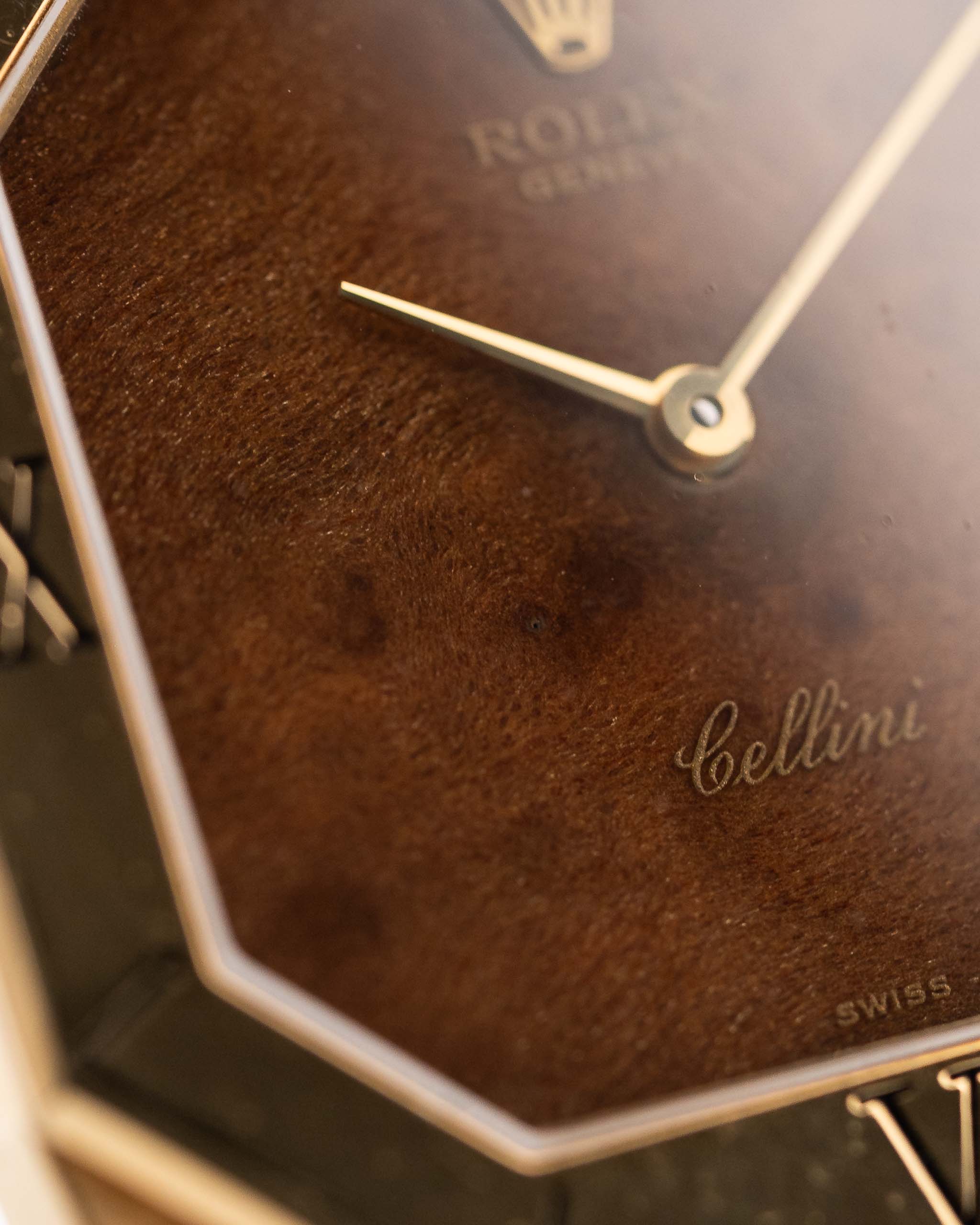 Preowned Rolex Cellini 4350 Octagon Wood 1981 18k yellow gold wooden walnut dial Hands and Rolex crown
