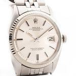 Vintage Rolex Datejust 1601 Silver Pie Pan Watch from 1973. 36mm in Stainless Steel with Automatic Caliber 1570, Silver Pie Pan Dial, Jubilee bracelet.
