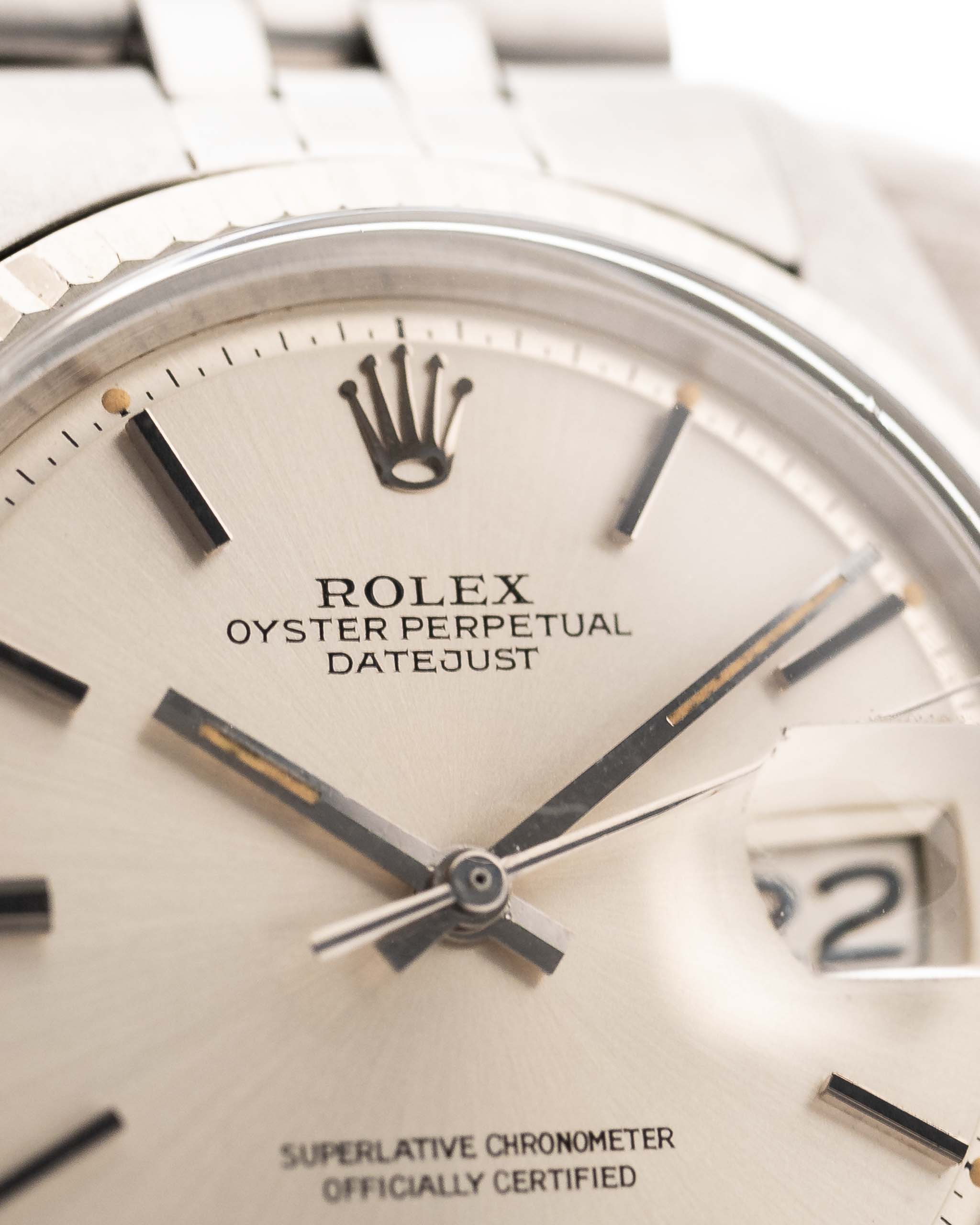 Vintage Rolex Datejust 1601 Silver Pie Pan Watch from 1973. 36mm in Stainless Steel with Automatic Caliber 1570, Silver Pie Pan Dial, Jubilee bracelet.