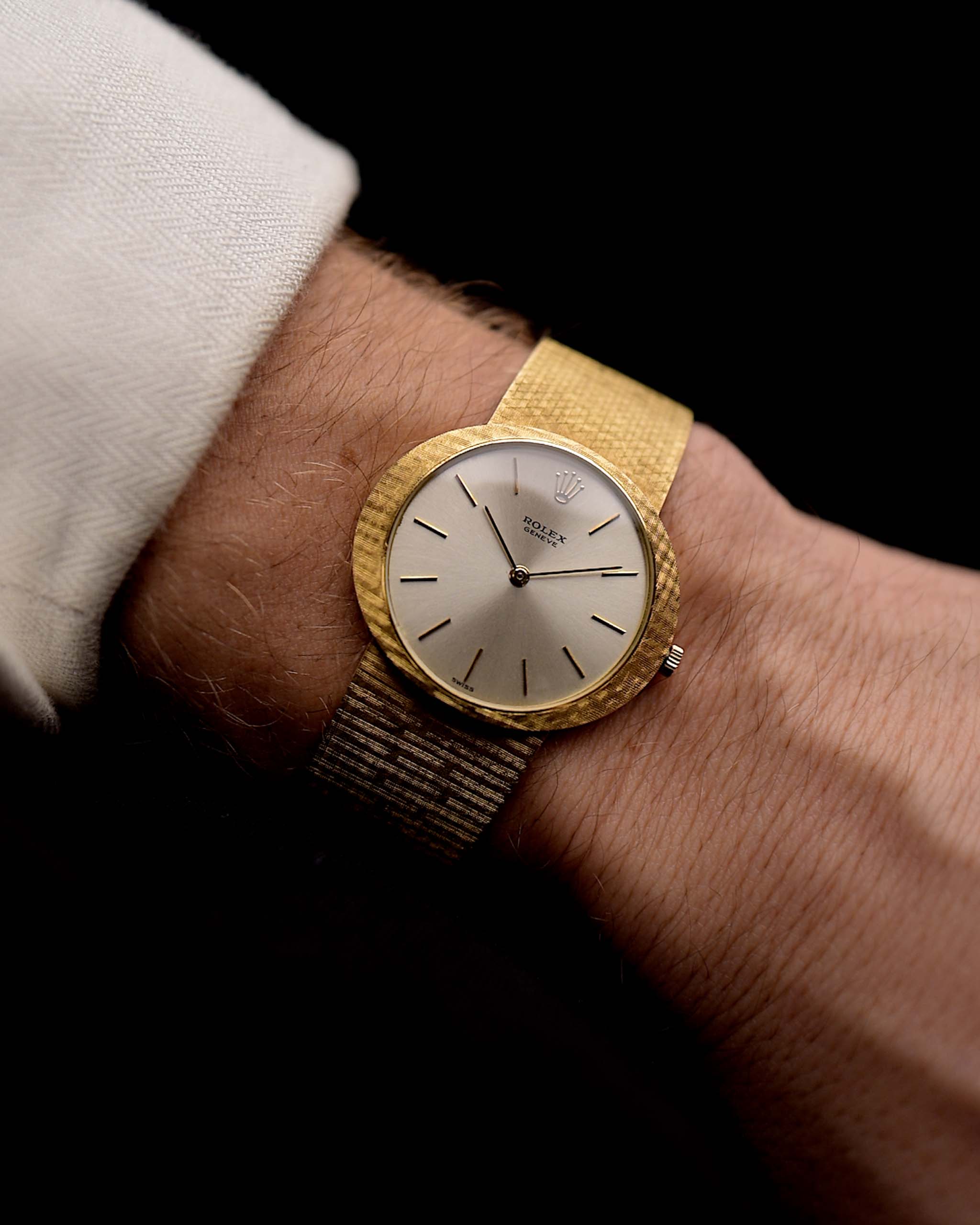 Photo of Rolex Geneve 18k Ellipse 1965 on wrist - reference- 3606 - GOLDAMMER