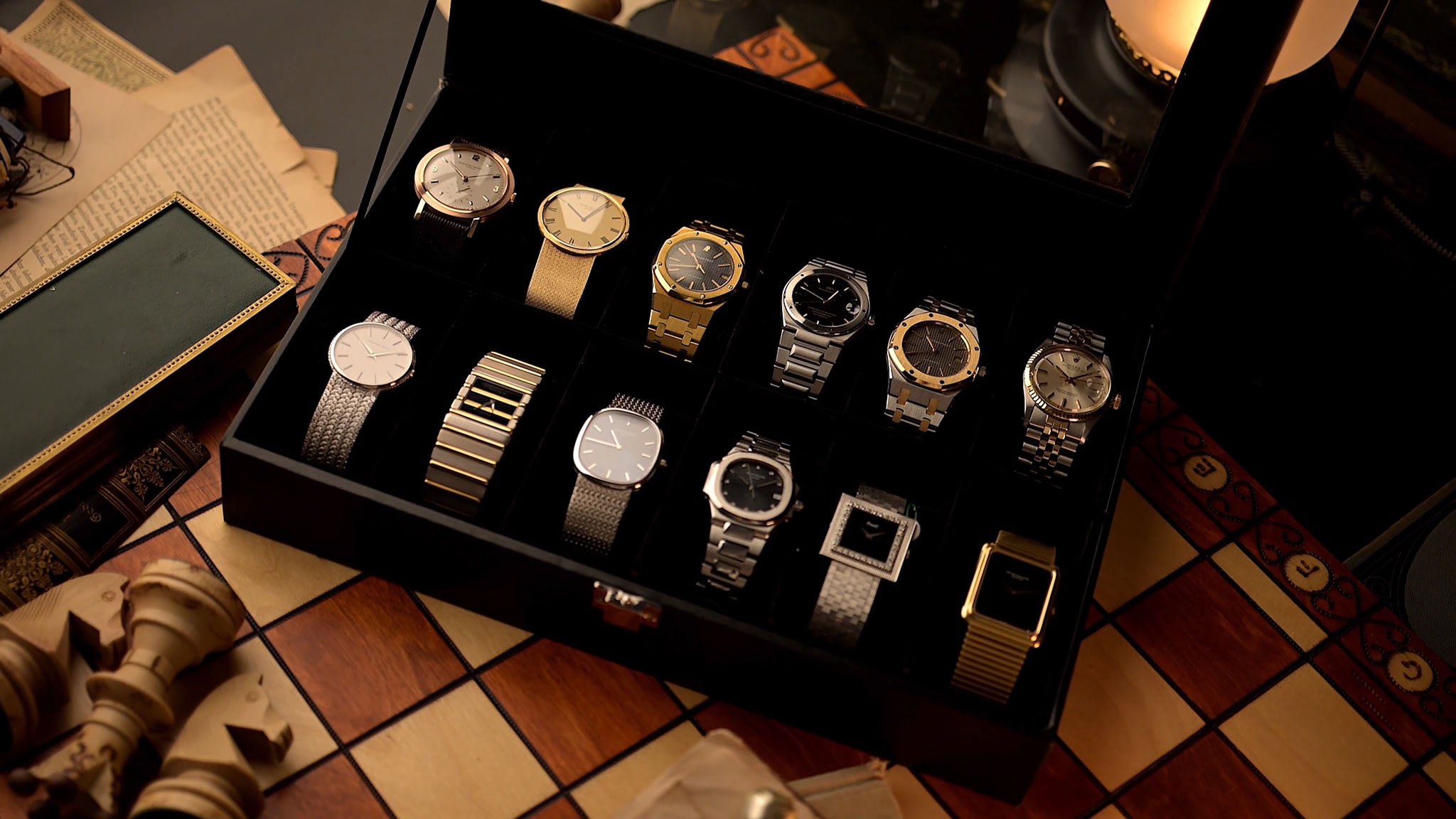 watch collection in a black velvet display box