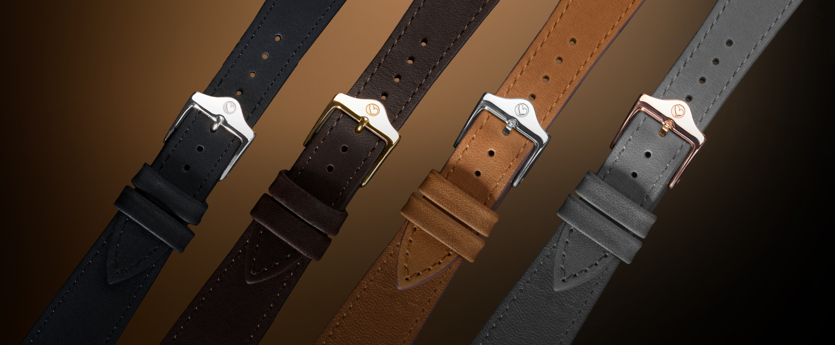 Four leather watch straps in black, brown, and gray on a gradient background