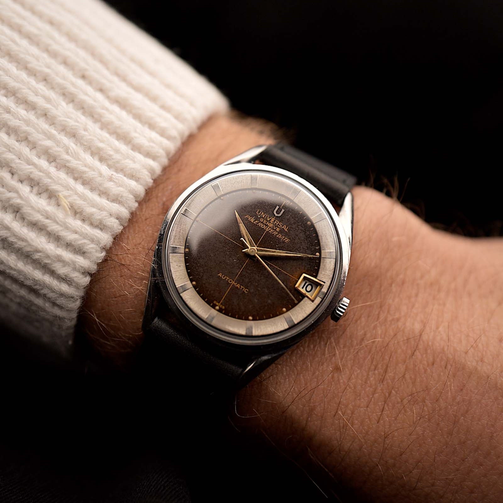 Universal Geneve Polerouter 204610, Orologio Vintage, acciaio, quadrante marrone tropicale, indossato al polso