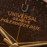 Universal Geneve Polerouter 204610 vintage watch, tropical dial and U logo macro close-up