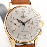 Vintage Universal Geneve 5166 Uni Compax 18k gold 1950 silver vertical brushed dial closeup