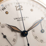 Universal Geneve 5166 Uni Compax 18k gold 1950 silver vertical brushed dial closeup