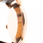 Closeup Photo of a Vacheron Constantin 18k Rosé Teardrop from the 1940s. 30mm 18k Rose Gold Case with Manual Wind Movement, Original Gold Dial and Leather Strap.