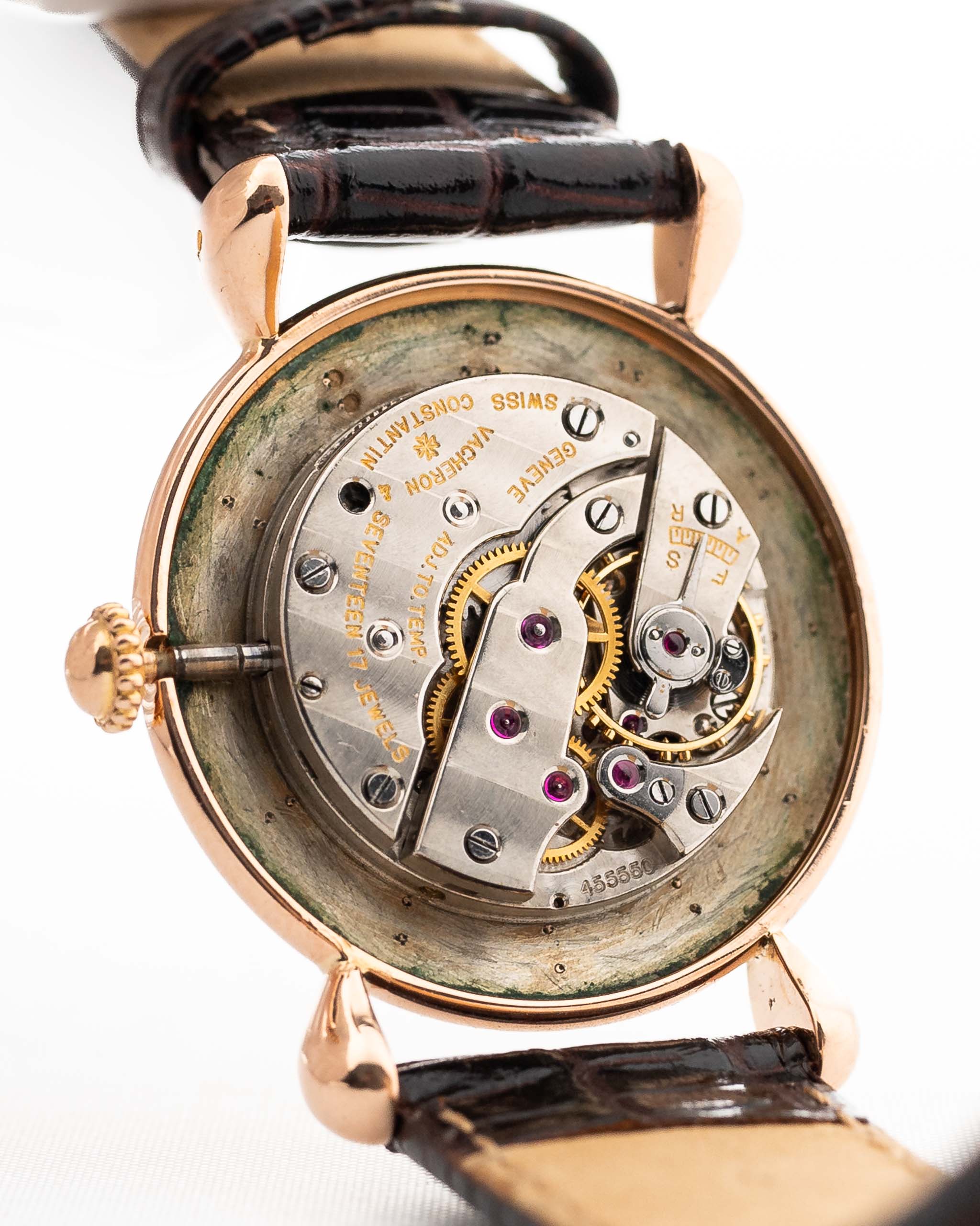 Closeup Photo of a Vacheron Constantin 18k Rosé Teardrop from the 1940s. 30mm 18k Rose Gold Case with Manual Wind Movement, Original Gold Dial and Leather Strap.