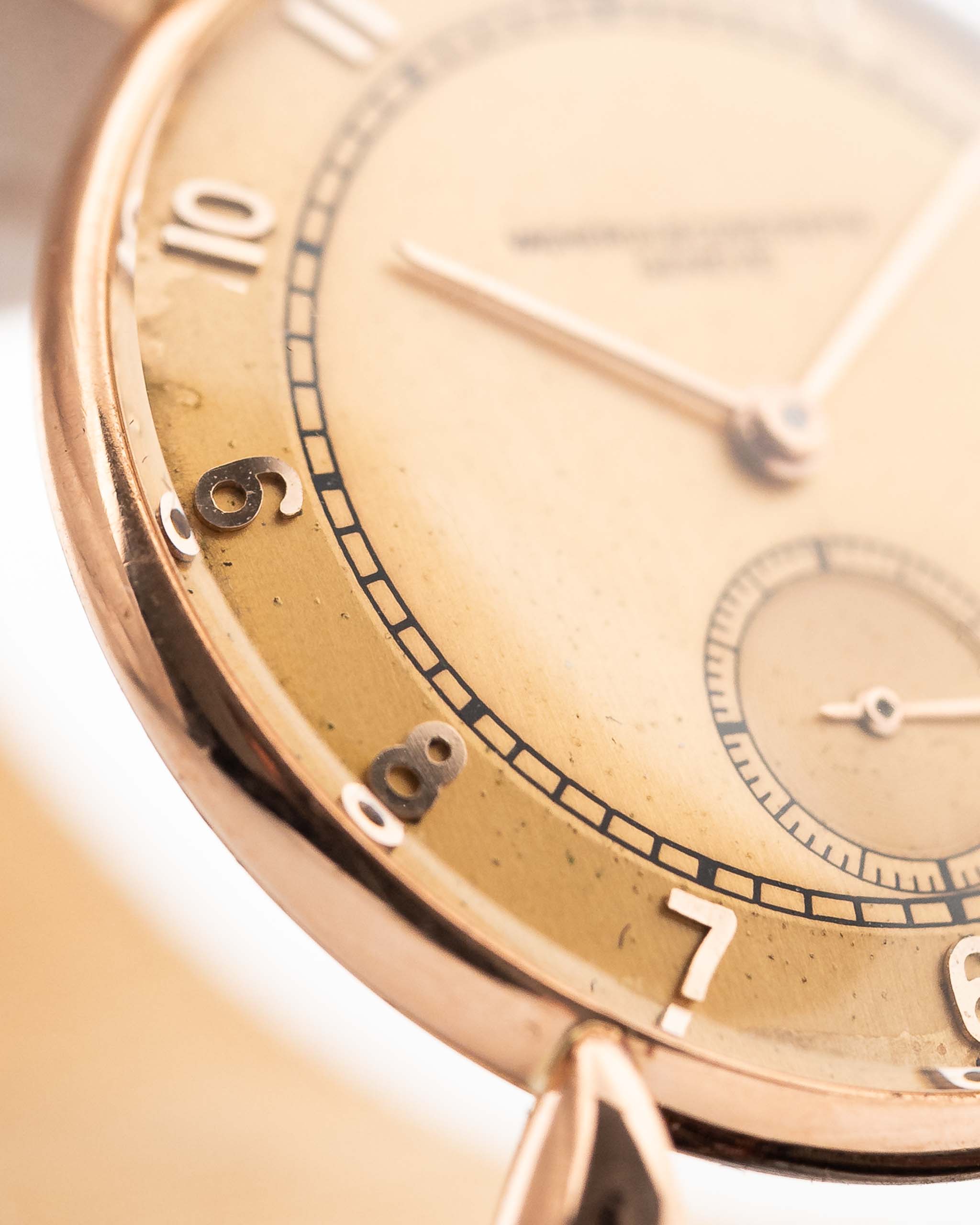 Closeup Photo of a Vacheron Constantin 18k Rosé Teardrop from the 1940s. 30mm 18k Rose Gold Case with Manual Wind Movement, Original Gold Dial and Leather Strap.