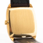 Closeup Photo of a Vacheron Constantin 39014 Tonneau 18k from the 1980s. 27mm 18k yellow gold case with Manual wind movement, Original Sigma dial and Leather strap.