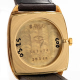 Closeup Photo of a Vacheron Constantin 39014 Tonneau 18k from the 1980s. 27mm 18k yellow gold case with Manual wind movement, Original Sigma dial and Leather strap.