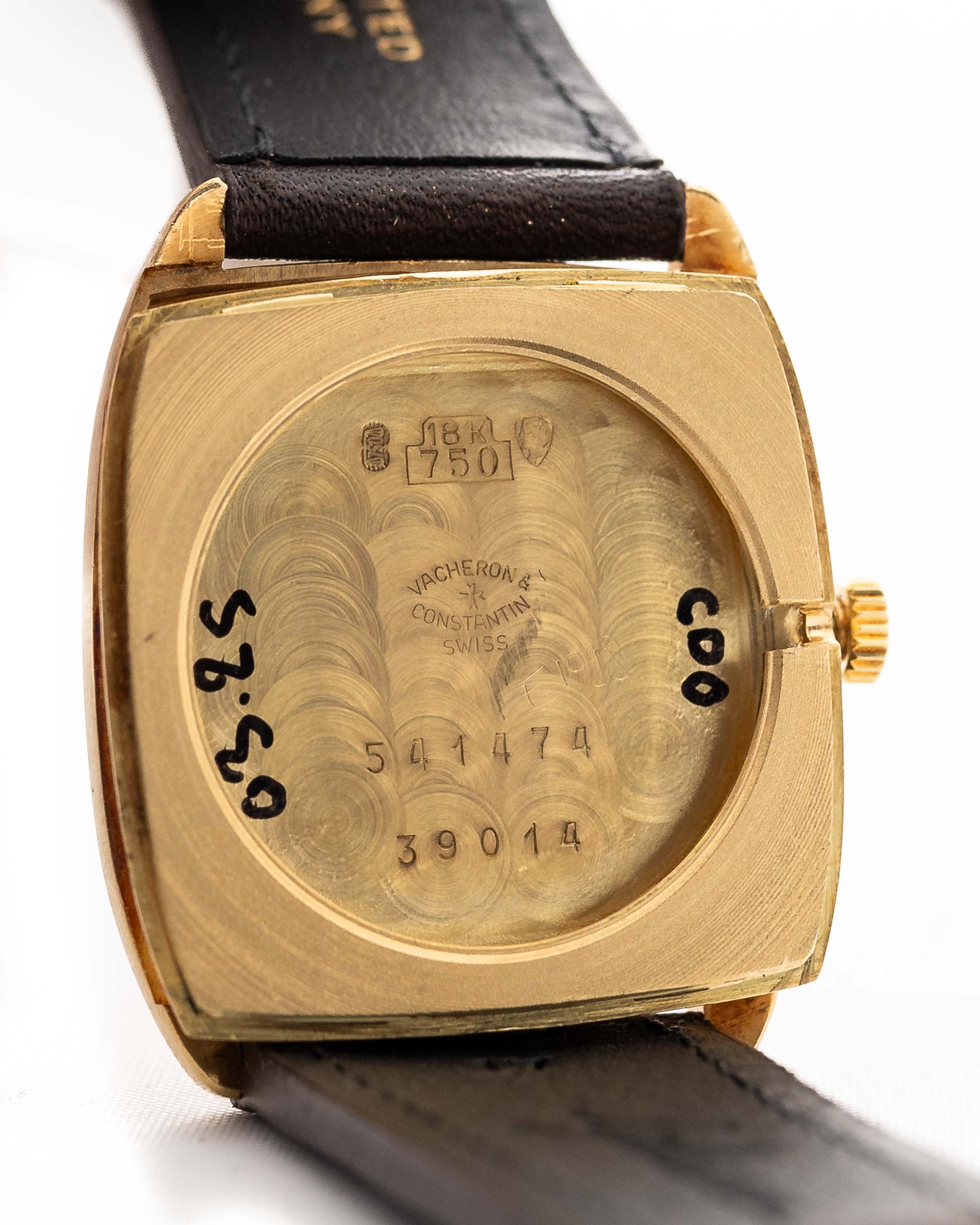 Closeup Photo of a Vacheron Constantin 39014 Tonneau 18k from the 1980s. 27mm 18k yellow gold case with Manual wind movement, Original Sigma dial and Leather strap.