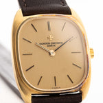 Closeup Photo of a Vacheron Constantin 39014 Tonneau 18k from the 1980s. 27mm 18k yellow gold case with Manual wind movement, Original Sigma dial and Leather strap.