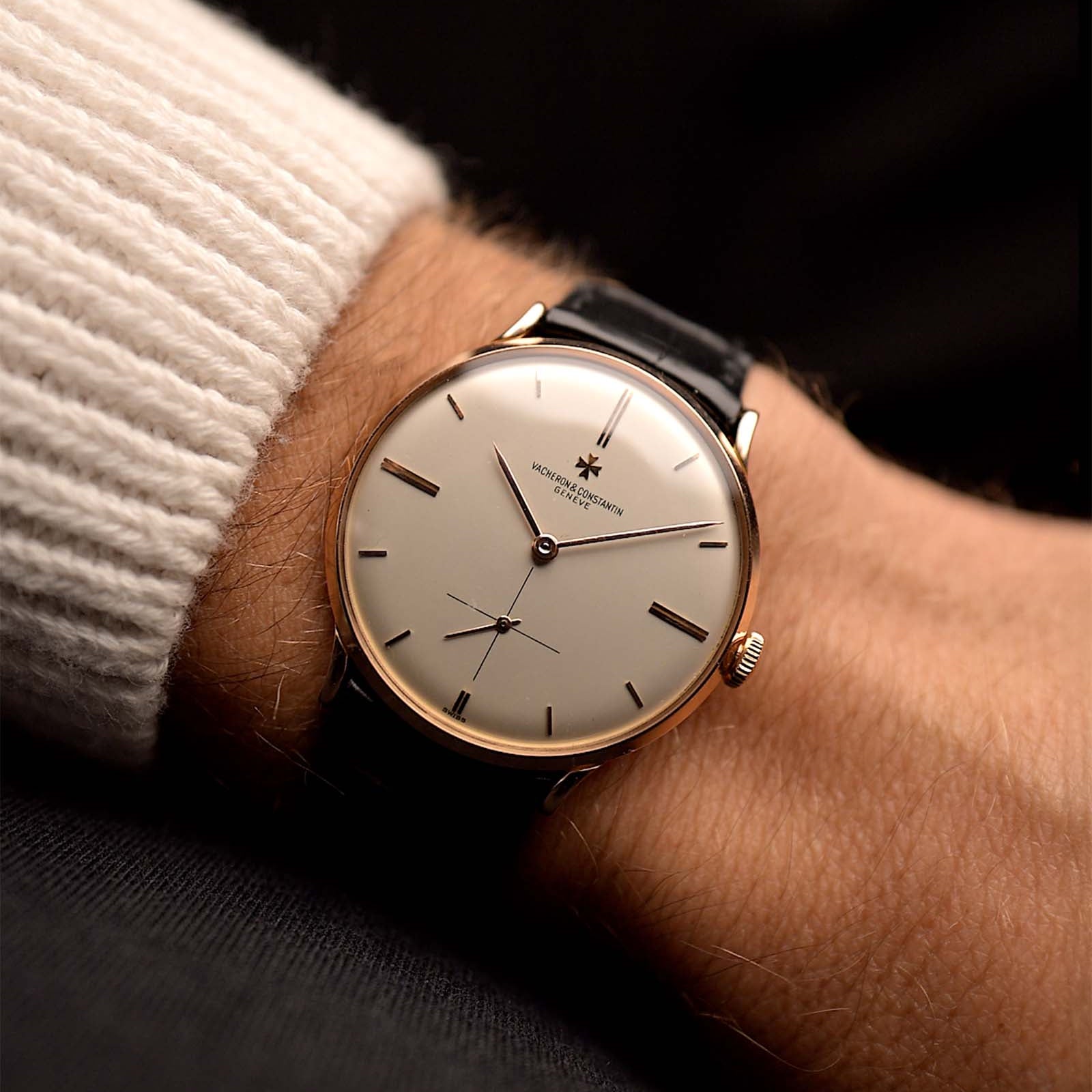 Vintage Vacheron Constantin 6236 watch Sub Second 18k Rose from the 1950s on a wrist. 35mm with 18k Rose Gold Case, Manual Wind Caliber P453/3B, Silver Dial and Original black Leather Strap.