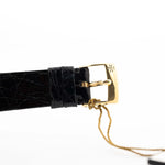 Closeup Photo of a Vacheron Constantin 71203 Harmony 18k from the 1980s. 23mm with 18k Yellow Gold Case, Quartz Movement, Black Dial, Original Leather Strap and 18k Gold Buckle.