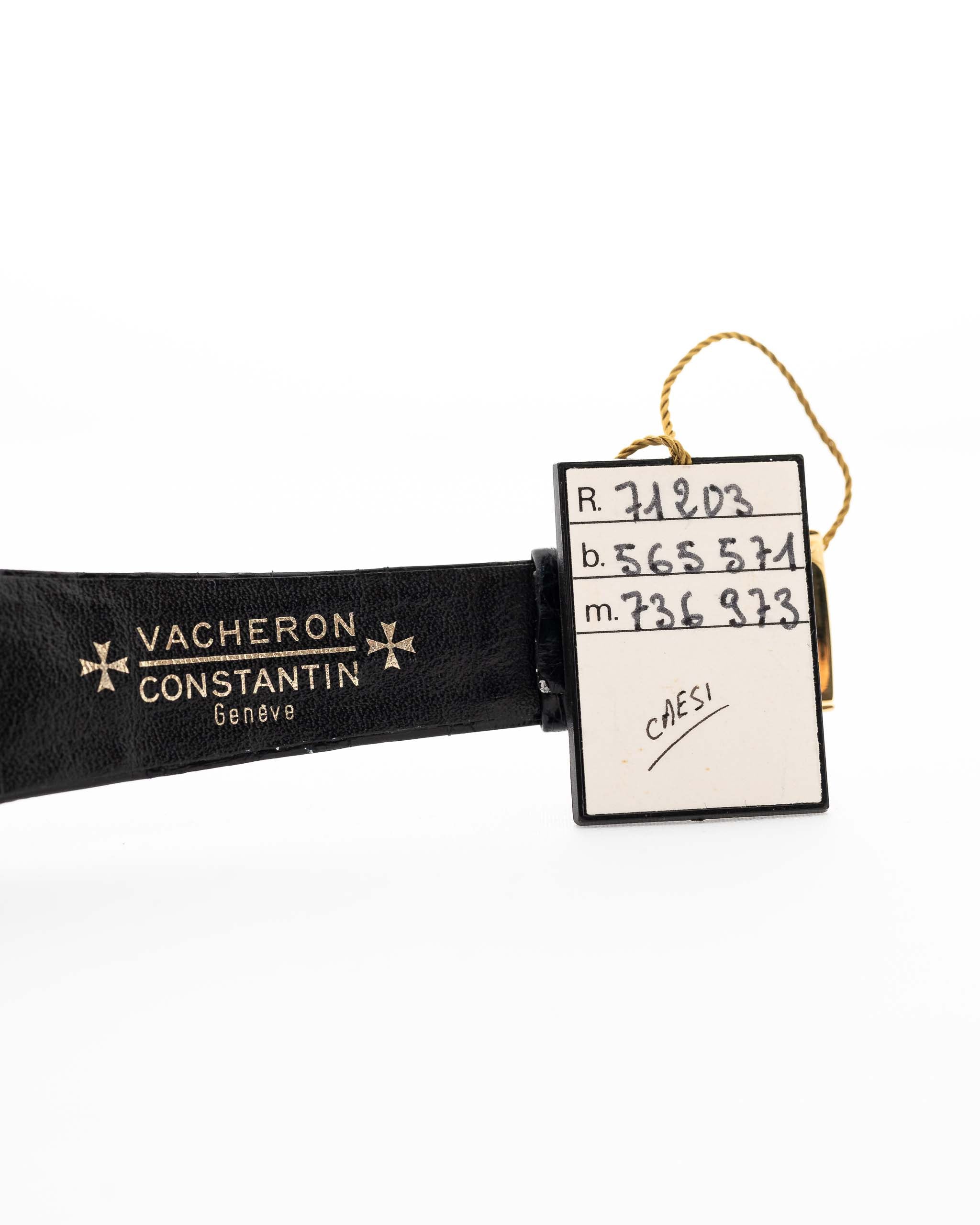 Closeup Photo of a Vacheron Constantin 71203 Harmony 18k from the 1980s. 23mm with 18k Yellow Gold Case, Quartz Movement, Black Dial, Original Leather Strap and 18k Gold Buckle.