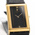 Closeup Photo of a Vacheron Constantin 71203 Harmony 18k from the 1980s. 23mm with 18k Yellow Gold Case, Quartz Movement, Black Dial, Original Leather Strap and 18k Gold Buckle.