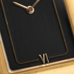 Closeup Photo of a Vacheron Constantin 71203 Harmony 18k from the 1980s. 23mm with 18k Yellow Gold Case, Quartz Movement, Black Dial, Original Leather Strap and 18k Gold Buckle.
