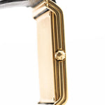 Closeup Photo of a Vacheron Constantin 71203 Harmony 18k from the 1980s. 23mm with 18k Yellow Gold Case, Quartz Movement, Black Dial, Original Leather Strap and 18k Gold Buckle.