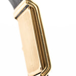 Closeup Photo of a Vacheron Constantin 71203 Harmony 18k from the 1980s. 23mm with 18k Yellow Gold Case, Quartz Movement, Black Dial, Original Leather Strap and 18k Gold Buckle.