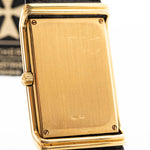 Closeup Photo of a Vacheron Constantin 71203 Harmony 18k from the 1980s. 23mm with 18k Yellow Gold Case, Quartz Movement, Black Dial, Original Leather Strap and 18k Gold Buckle.