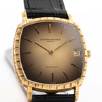 Closeup Photo of a Vacheron Constantin 7390 Basket Ombre from the 1970s. 32mm case in 18k Yellow Gold with Automatic Cal. K1121, Original golden ombre dial and Leather Strap.