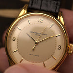 Vintage Vacheron Constantin Patrimony Spillmann Watch from the 1940s. 18k Yellow Gold case, Champagne two-tone dial, Automatic movement and Leather strap.