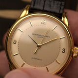 Vintage Vacheron Constantin Patrimony Spillmann Watch from the 1940s. 18k Yellow Gold case, Champagne two-tone dial, Automatic movement and Leather strap.