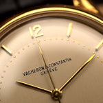 Vintage Vacheron Constantin Patrimony Spillmann Watch. 18k Yellow Gold case, Champagne two-tone dial, Automatic movement and Leather strap.