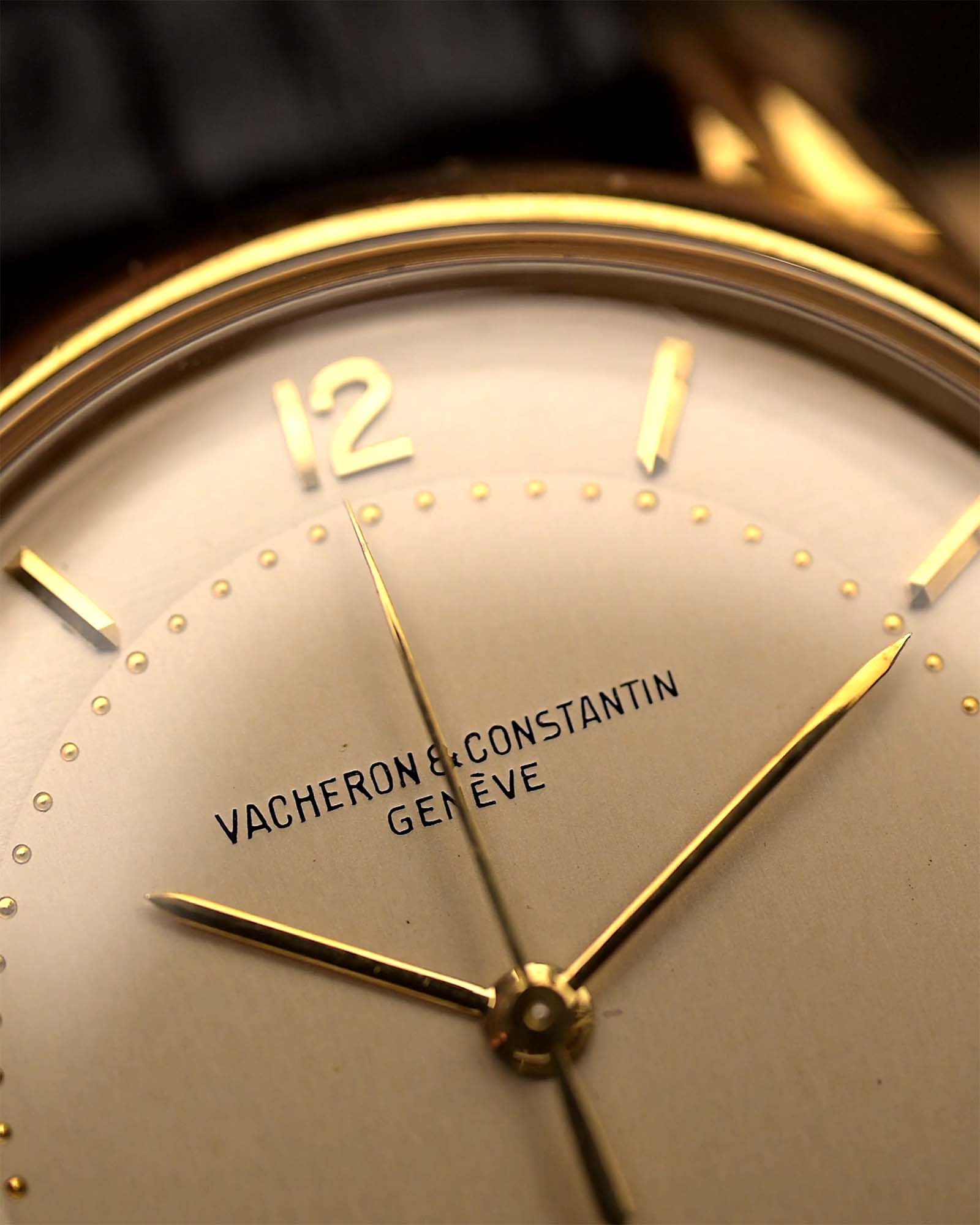 Vintage Vacheron Constantin Patrimony Spillmann Watch. 18k Yellow Gold case, Champagne two-tone dial, Automatic movement and Leather strap.