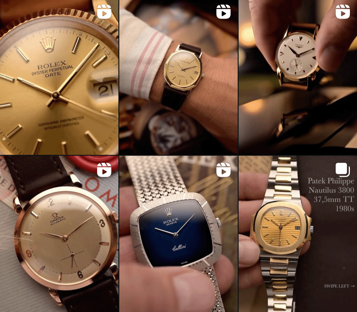 A collage of six vintage luxury watches shown in close-up and on wrist, with warm lighting and classic styling.
