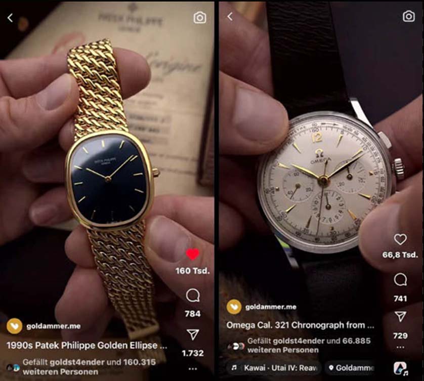 Two close-up shots of vintage wristwatches in Instagram Reels.