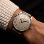 Vintage Omega Jumbo Radium from 1935 on a wrist. 37.5mm with Stainless Steel Case, Manual Wind Movement, Original Silver Railroad Dial and Leather Strap.