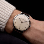 Jaeger LeCoultre Steel Dress Sword Watch 1950s - stainless steel case - cream dial on wrist