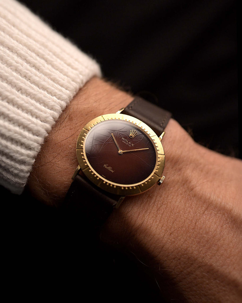 Vintage Rolex Cellini 4083 Ombre from 1973 on a wrist. 33mm with 18k Yellow Gold Case, Manual Wind Movement, Original Brown Ombre Dial and Leather Strap.