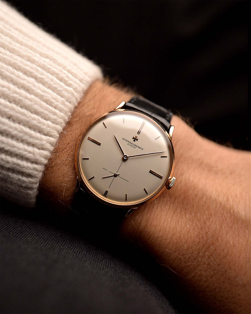 Vintage Vacheron Constantin 6236 watch Sub Second 18k Rose from the 1950s on a wrist. 35mm with 18k Rose Gold Case, Manual Wind Caliber P453/3B, Silver Dial and Original black Leather Strap.