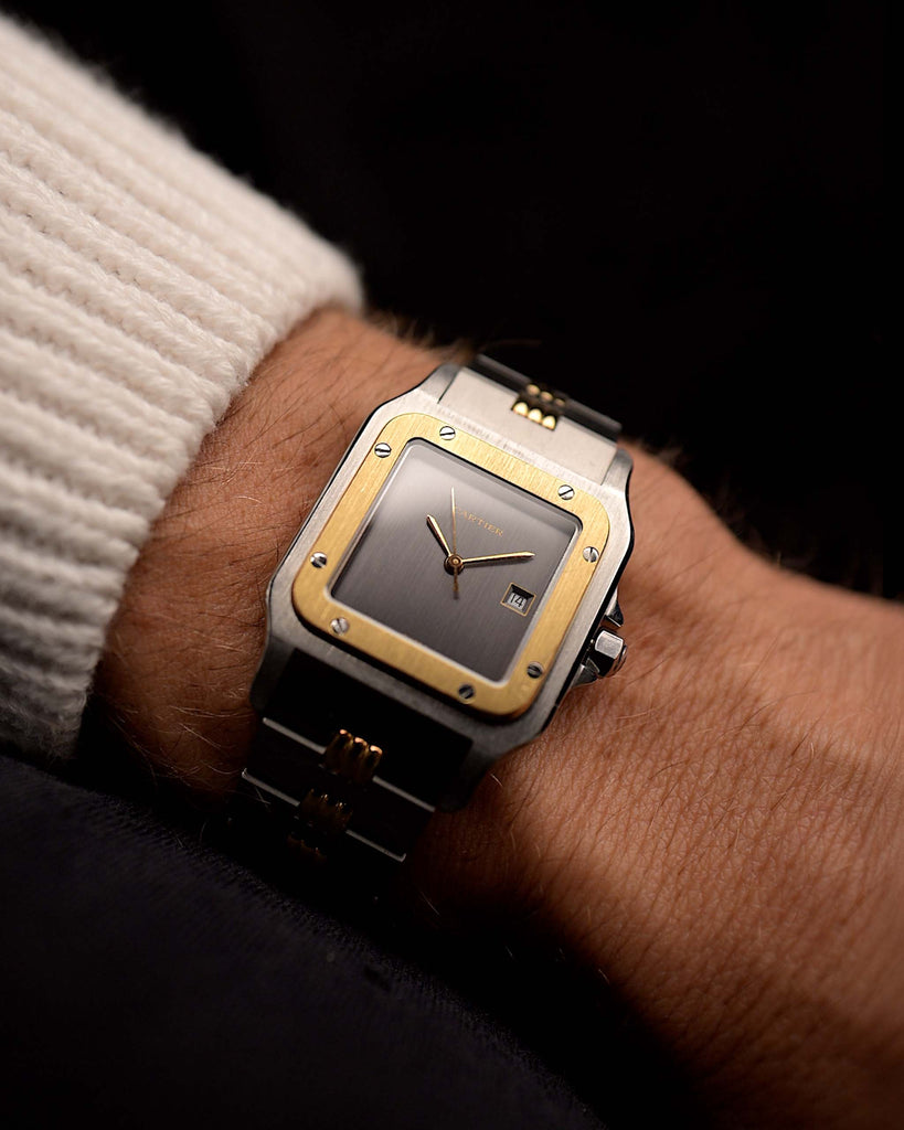 Cartier Santos Carrée 2961 Godron Ghost 1990s. 29mm in Two-tone stainless steel-yellow gold, Slate grey Ghost dial, Automatic and Godron bracelet.