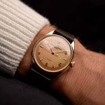 Vintage Vacheron Constantin Guilloche Rose from the 1950s on a wrist. 35mm in 18k Rose Gold with Automatic Cal. 477/1, Guilloché Dial and Leather Strap.