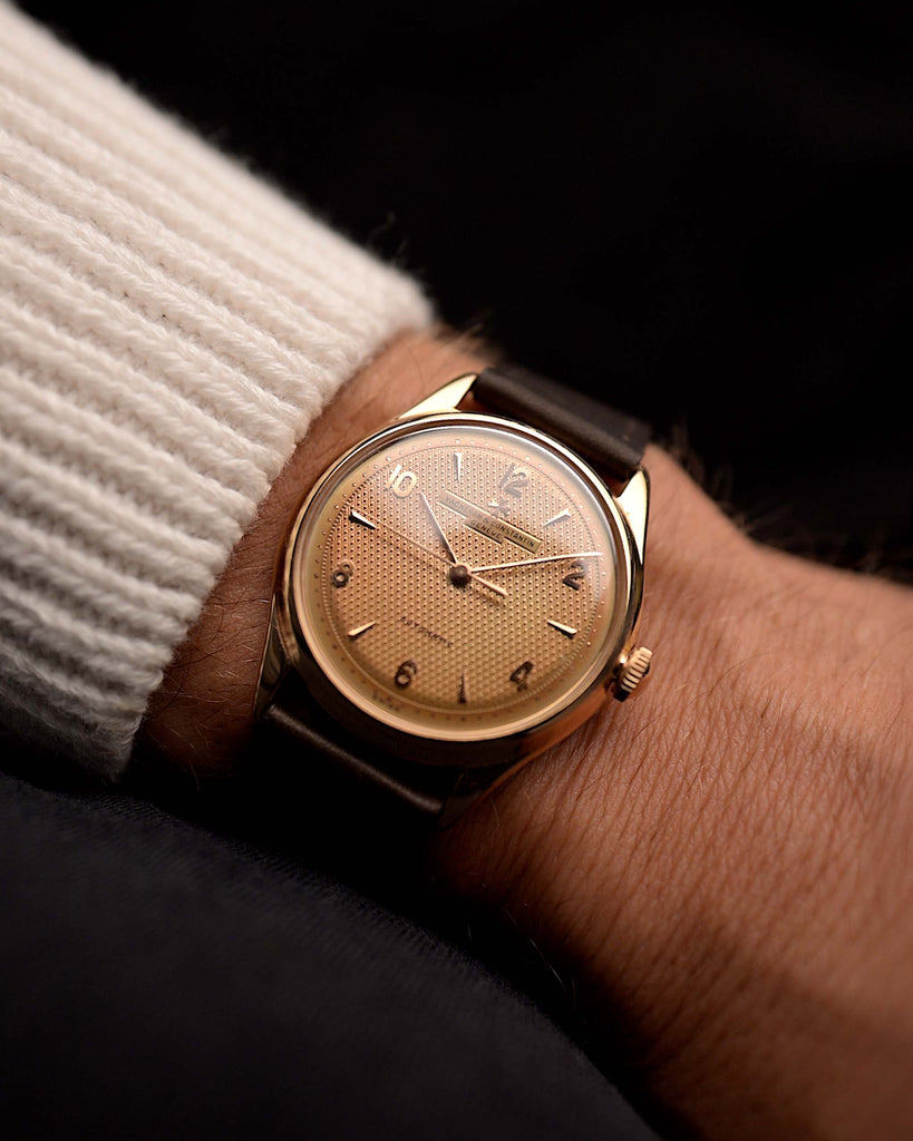 Vintage Vacheron Constantin Guilloche Rose from the 1950s on a wrist. 35mm in 18k Rose Gold with Automatic Cal. 477/1, Guilloché Dial and Leather Strap.