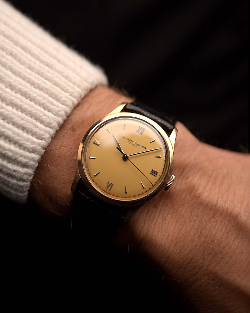 Vintage Vacheron Constantin 4217 Rose from the 1940s on a wrist. 33.5mm with 18k Rose Gold Case, Manual Wind Cal. V454, Original Honey Dial and Leather Strap.
