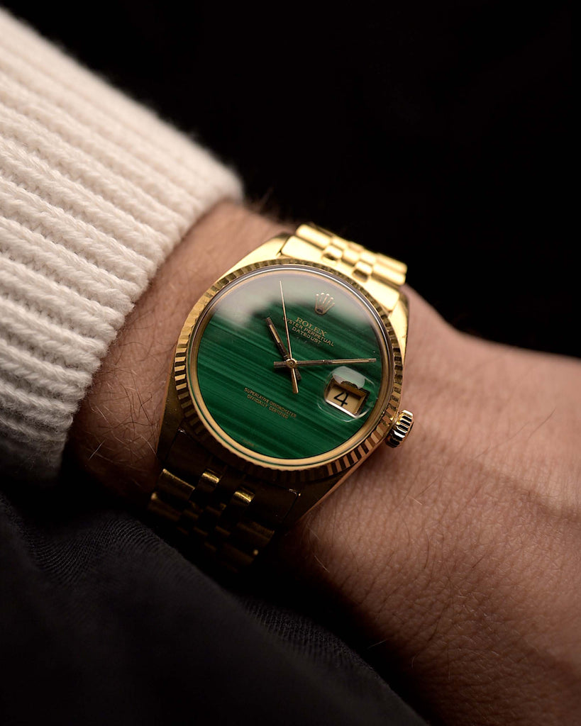 Video of a Rolex 1601 Datejust 18k Malachite from 1968 on a wrist. 36mm in 18K Yellow Gold with Original green Malachite Dial, Automatic Caliber 1570 and Original Jubilee Bracelet.