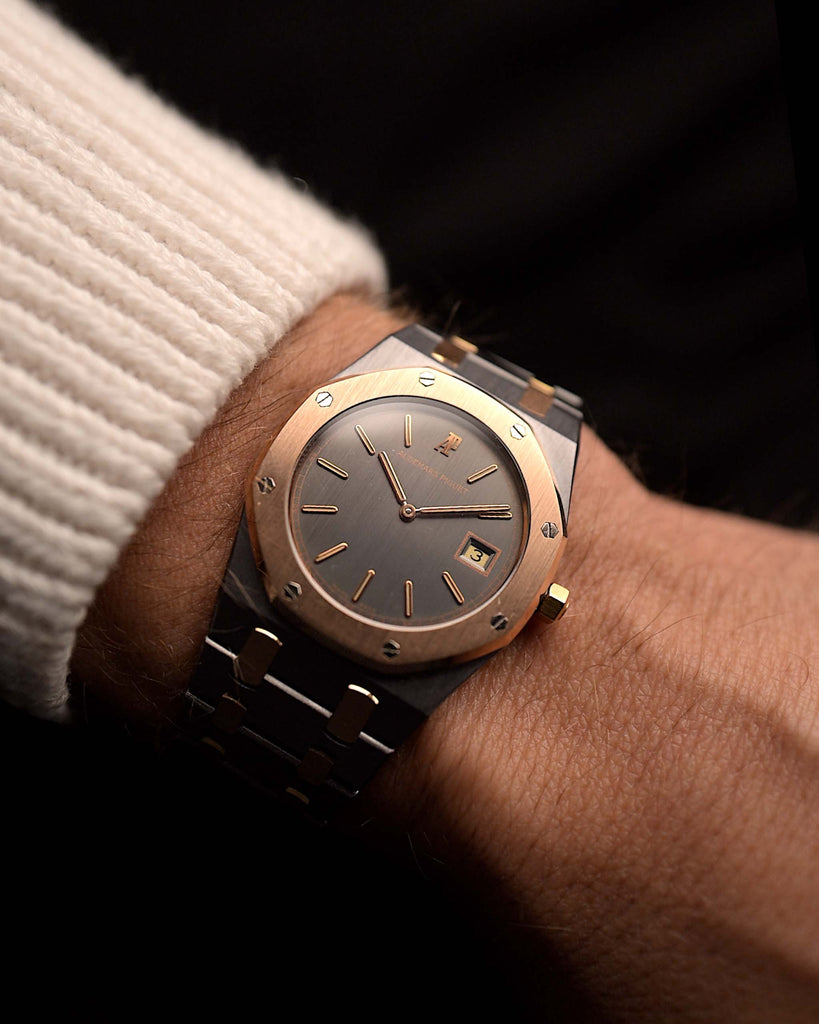 Vintage Audemars Piguet Royal Oak 56175 Tantalum Rose 1980s on a wrist. 33mm with Tantalum & Rose Gold Case, Quartz Movement, Slate Grey Dial and Tantalum/Rose Gold Bracelet.