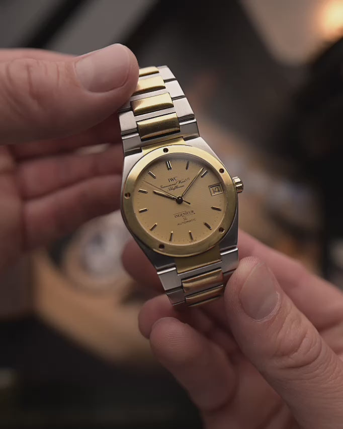 Vintage IWC Ingenieur 3505 SL Two Tone watch from 1987. 34mm in Stainless Steel & 18k Yellow Gold with Automatic Movement, Golden Papergraph Dial and Two Tone Bracelet.