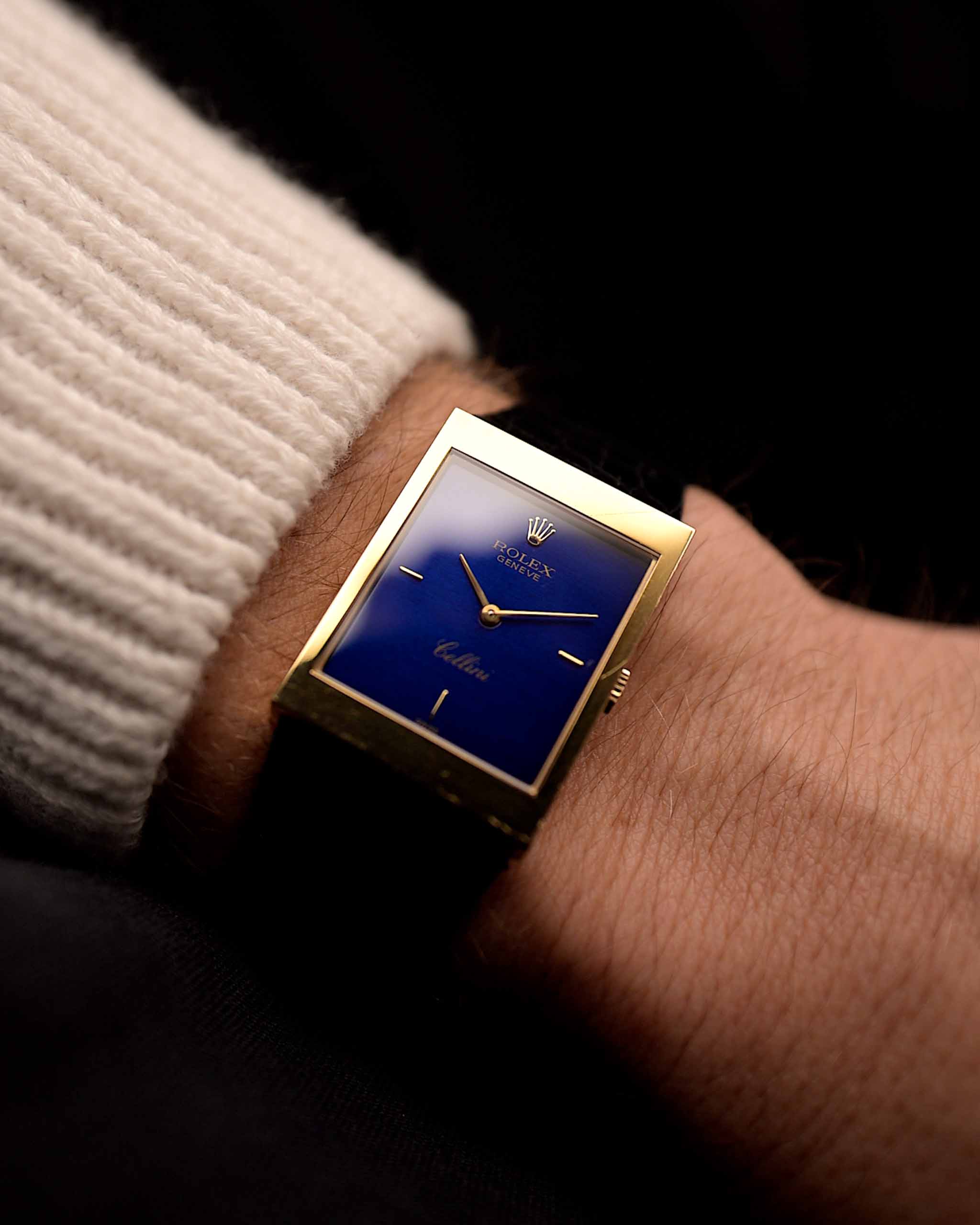 Vintage Rolex Cellini 5071 Blue watch 1991, 18k yellow gold, 24mm case, glossy blue dial, manual Cal. 1602, original leather strap on a wrist, video