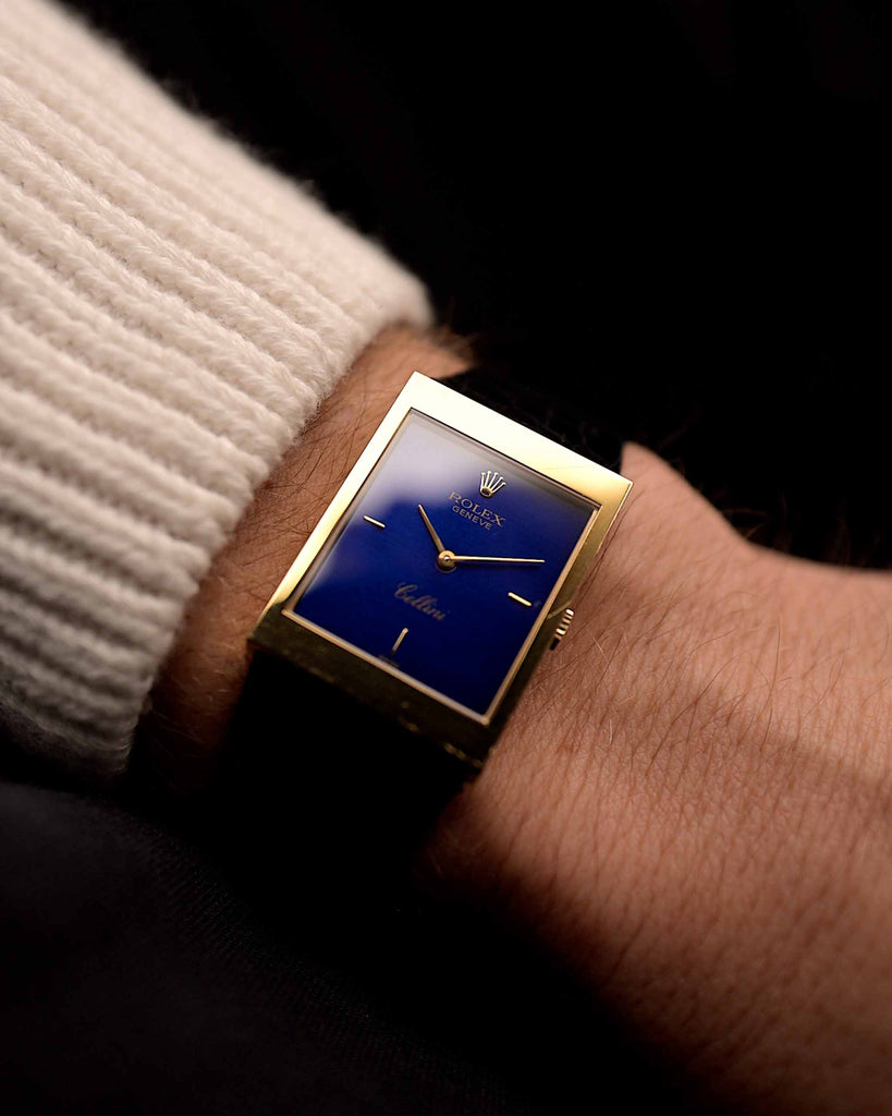 Vintage Rolex Cellini 5071 Blue watch 1991, 18k yellow gold, 24mm case, glossy blue dial, manual Cal. 1602, original leather strap on a wrist, video