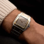 Vintage Cartier Santos Carree 2961 Ghost  from 1988 on a wrist. 29mm in Two-tone steel & 18k yellow gold with Automatic movement, Original slate grey dial and Two-tone bracelet.