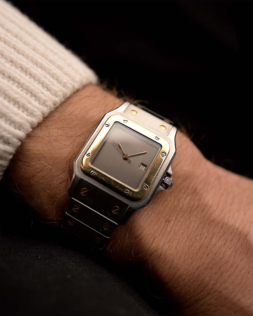 Vintage Cartier Santos Carree 2961 Ghost  from 1988 on a wrist. 29mm in Two-tone steel & 18k yellow gold with Automatic movement, Original slate grey dial and Two-tone bracelet.